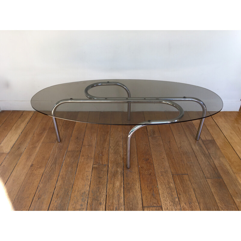Table basse vintage ovale en verre et chrome - 1970