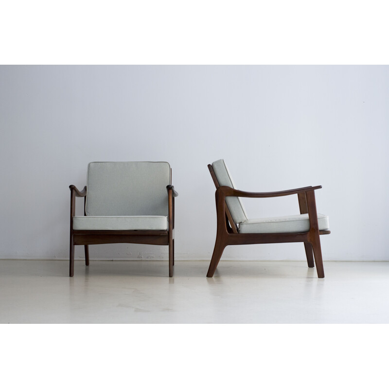 Vintage pair of Scandinavian teak armchairs in gray fabric - 1960s