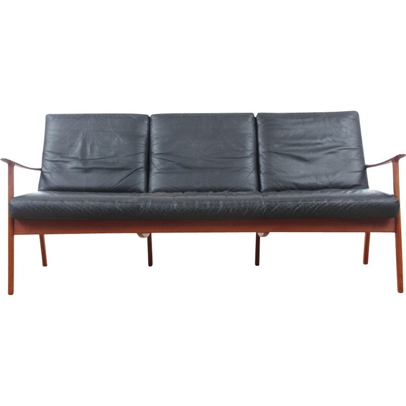 Scandinavian bench 3 seats model PJ112 in teak and leather - 1950s