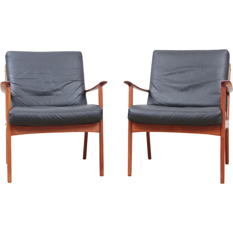 Set of 2 scandinavian armchairs model PJ112 in teak and leather - 1950s