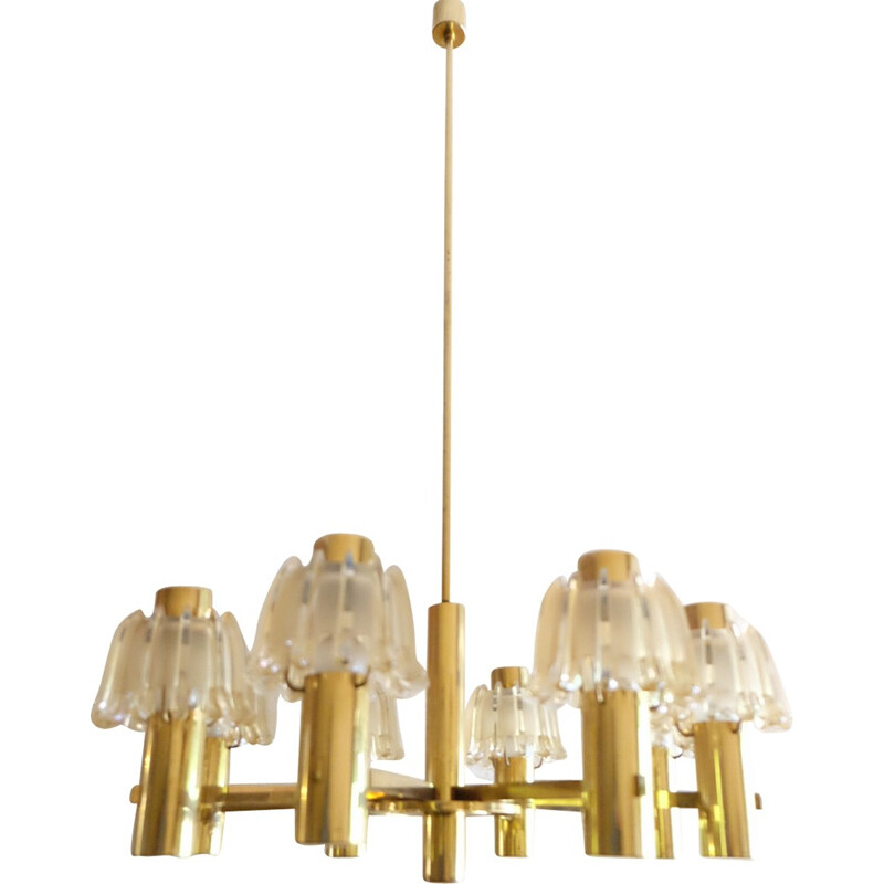 Large Doria Vintage Brass and Frosted Glass Chandelier - 1960s