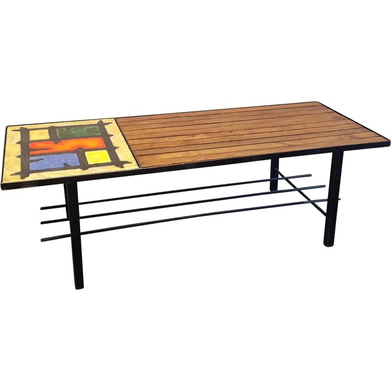 Table basse vintage francaise en bois et pierre de lave - 1950