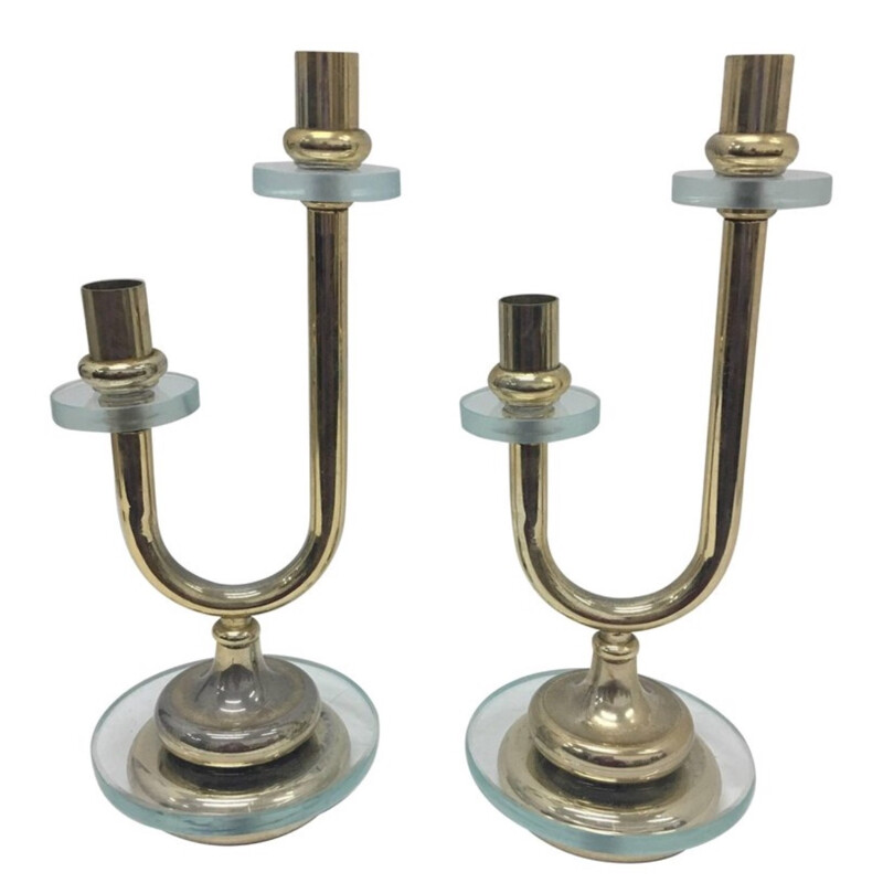 Vintage pair of candlesticks in brass and glass - 1950s