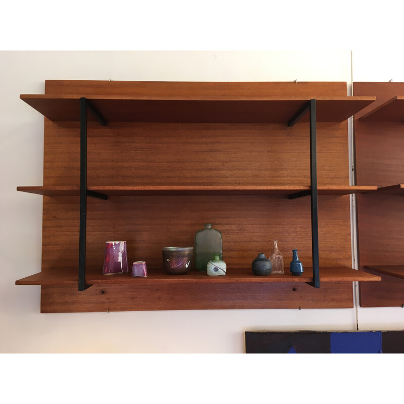 Vintage wood shelf in wood and black lacquered metal - 1950s