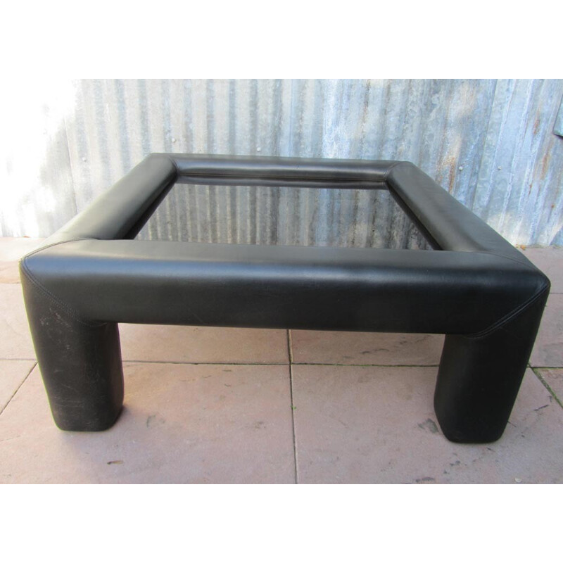 Table basse De Sede en verre et cuir noir - 1980