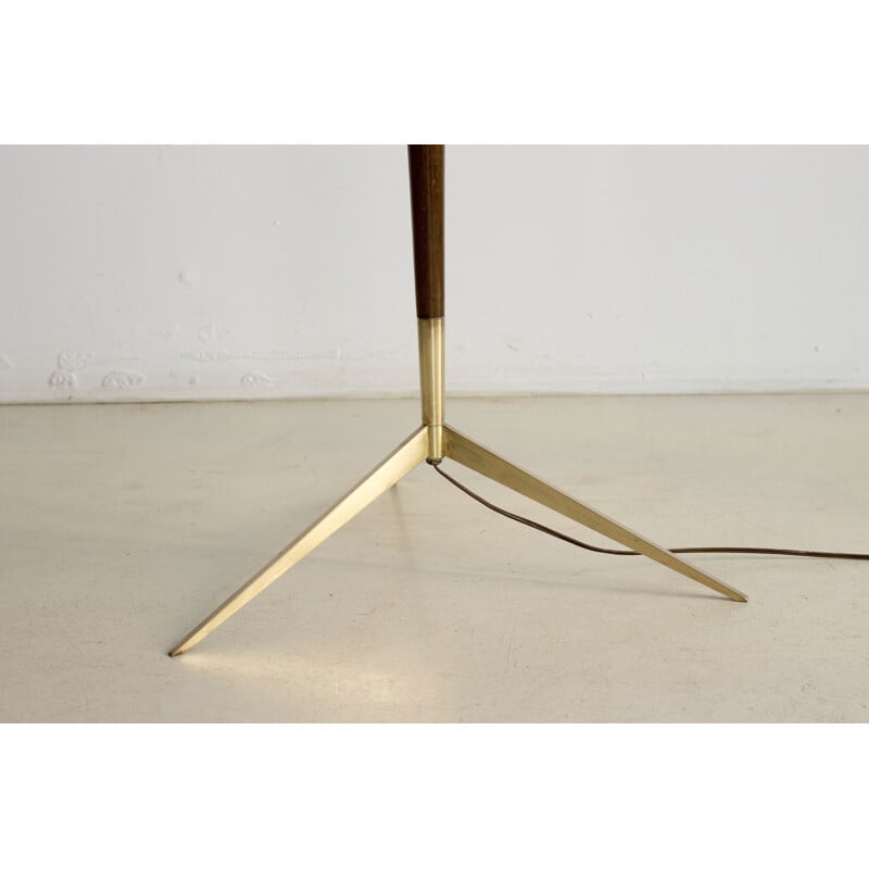 Vintage tripod varnished wood and brass floor lamp by Lunel - 1950s