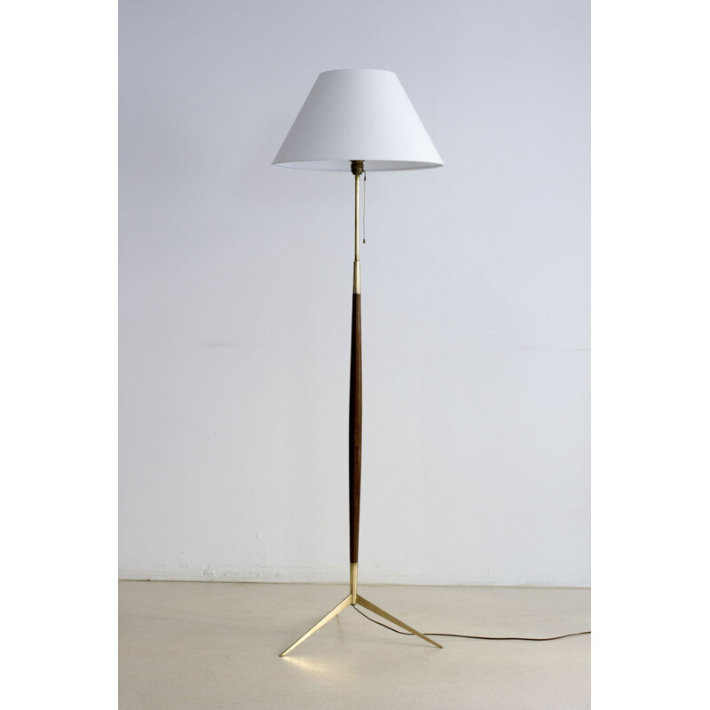 Vintage tripod varnished wood and brass floor lamp by Lunel - 1950s