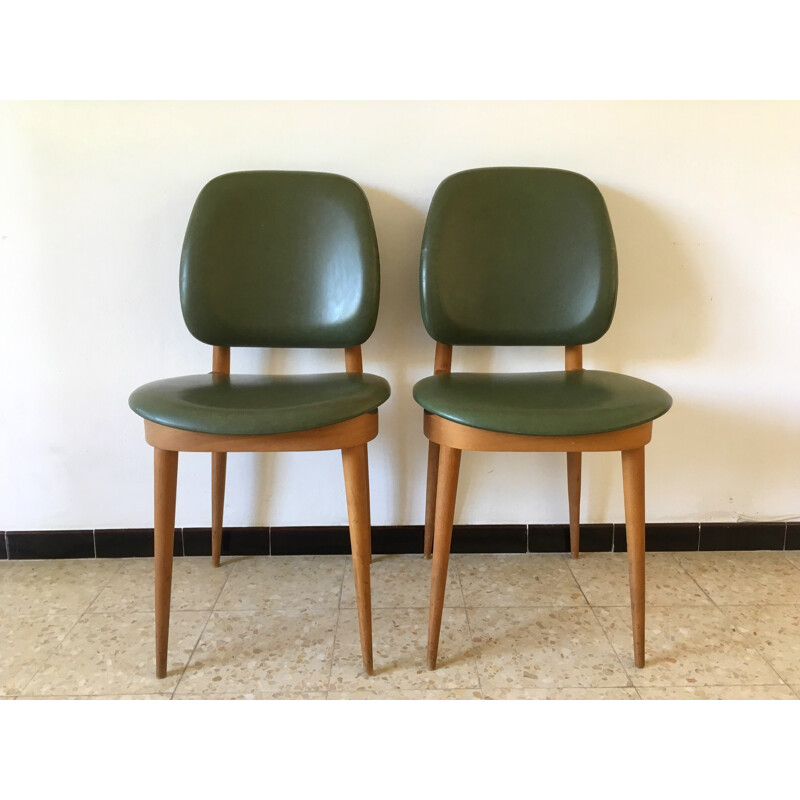 Suite de 2 chaises vintage en skai vert - 1950