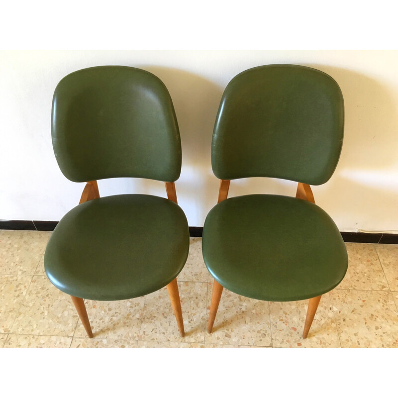 Suite de 2 chaises vintage en skai vert - 1950
