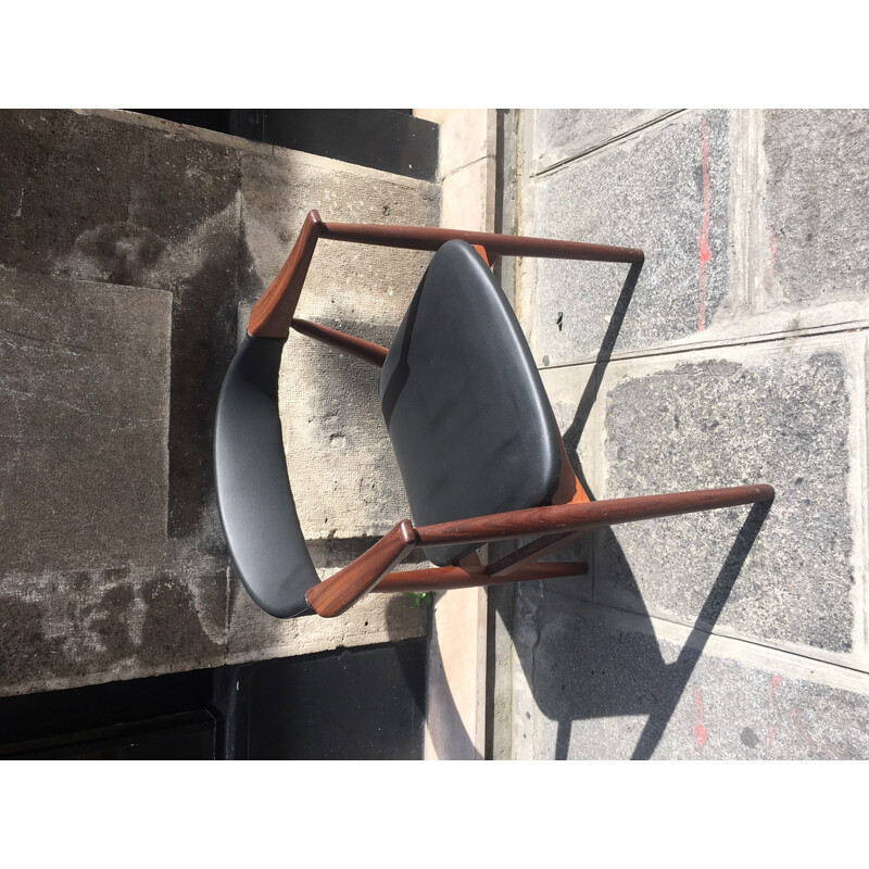 Vintage teak and black leather desk chair - 1970s