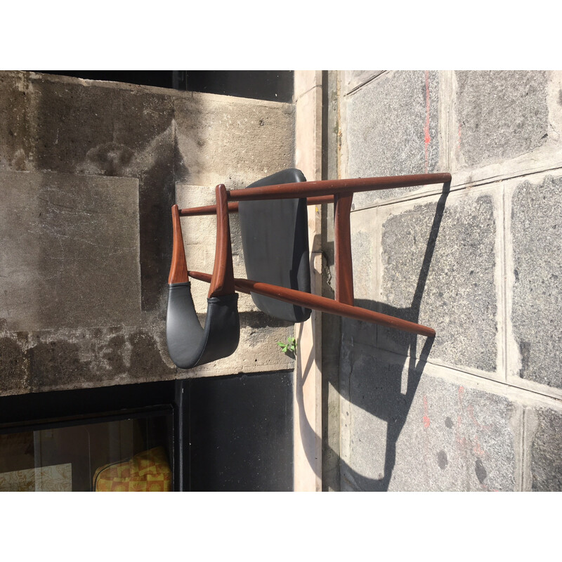 Vintage teak and black leather desk chair - 1970s