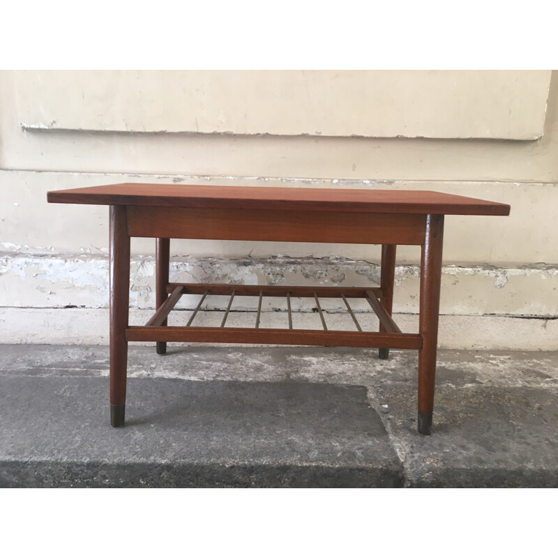 Vintage teak coffee table with shelf brass rods - 1960s