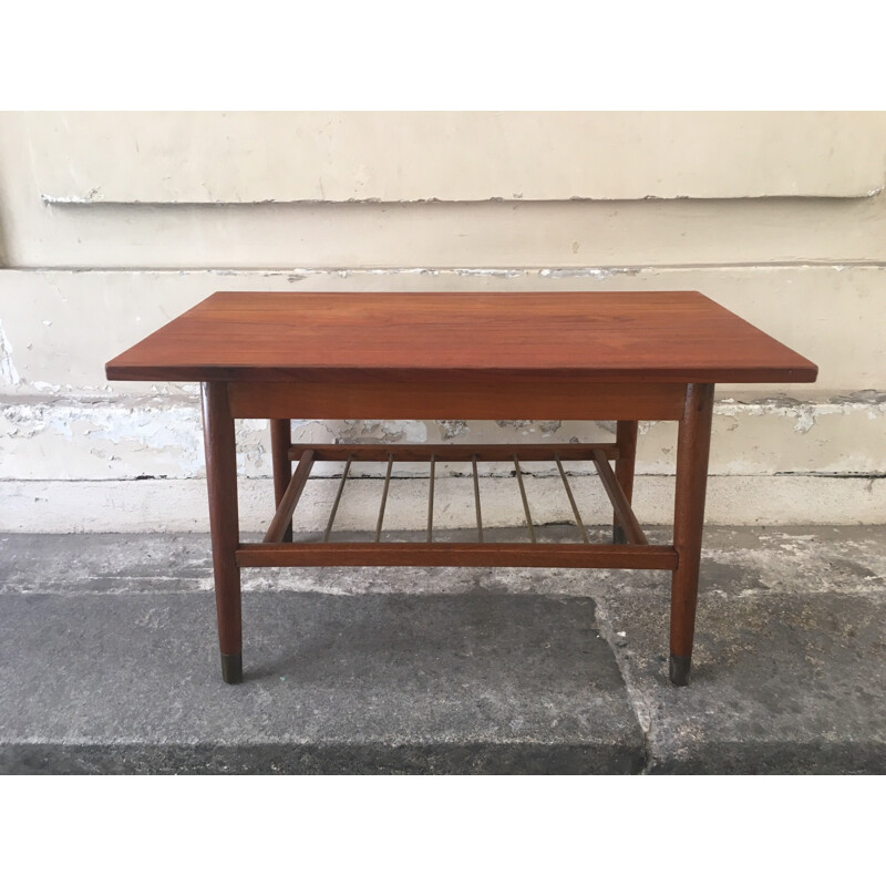 Vintage teak coffee table with shelf brass rods - 1960s