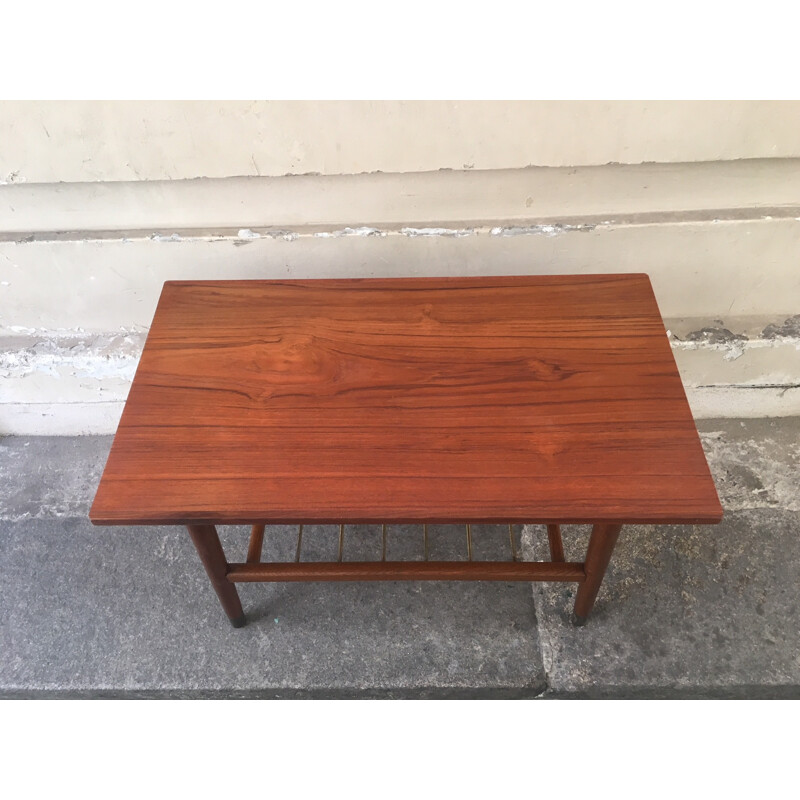 Vintage teak coffee table with shelf brass rods - 1960s