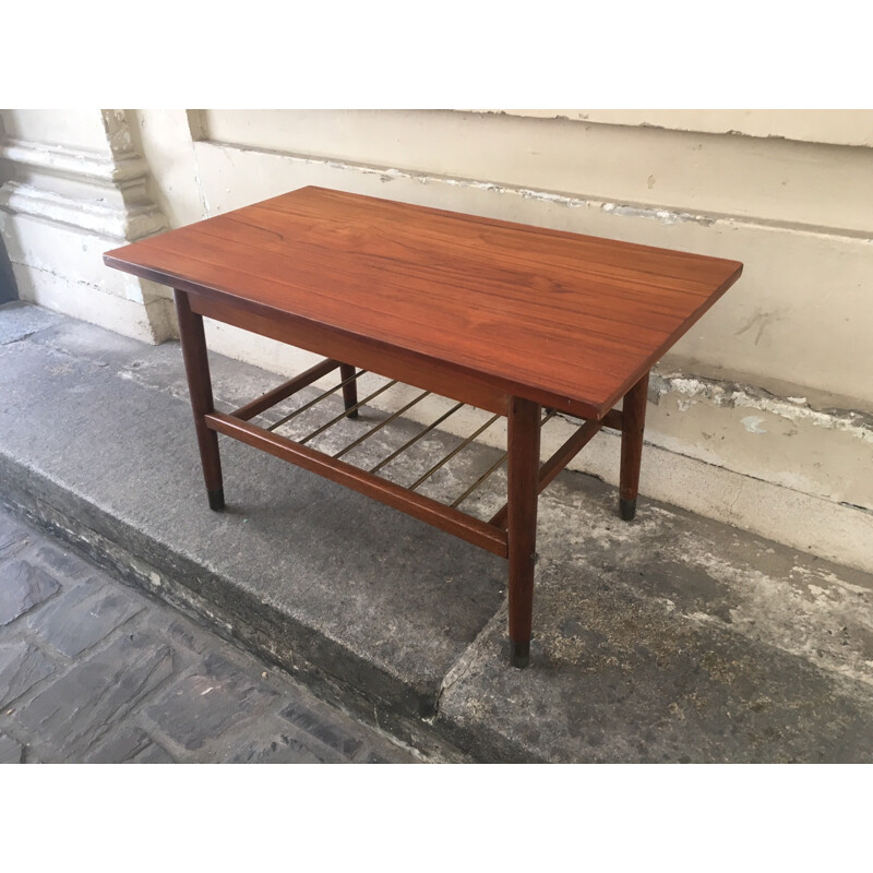 Vintage teak coffee table with shelf brass rods - 1960s