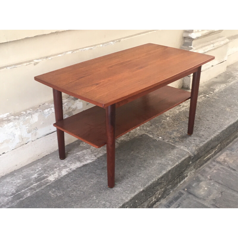 Vintage teak coffee table with shelf - 1960s