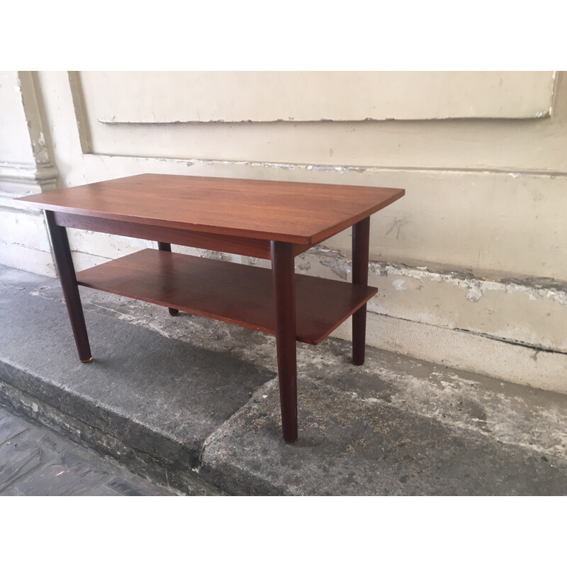 Vintage teak coffee table with shelf - 1960s