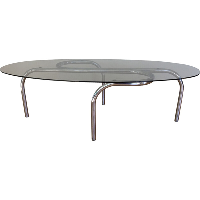 Vintage oval coffee table in glass and chrome - 1970s