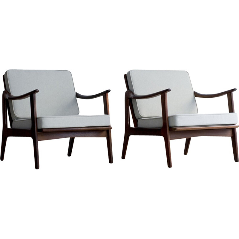 Vintage pair of Scandinavian teak armchairs in gray fabric - 1960s