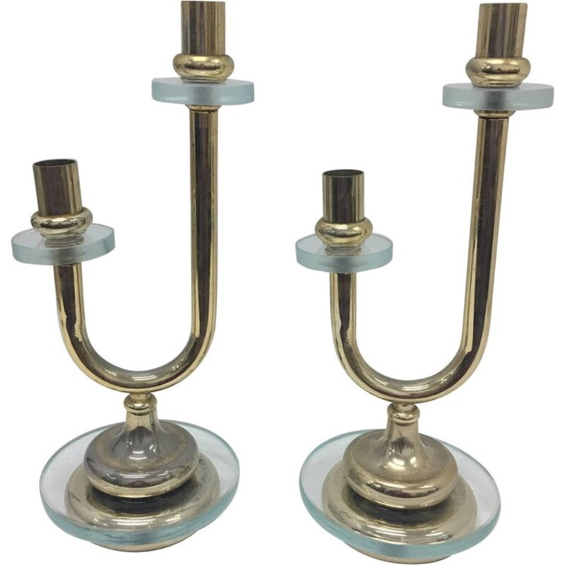 Vintage pair of candlesticks in brass and glass - 1950s