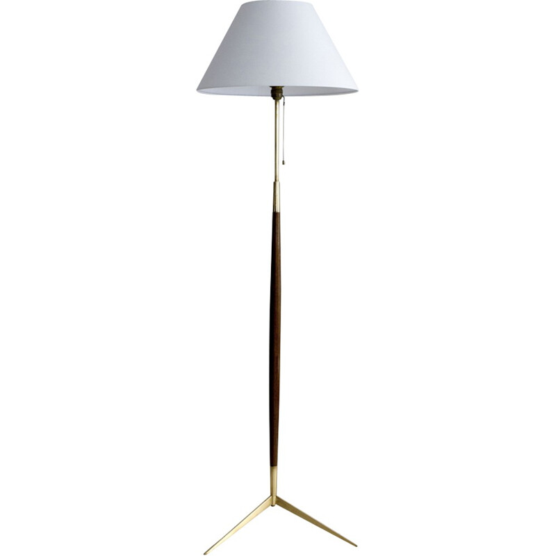 Vintage tripod varnished wood and brass floor lamp by Lunel - 1950s