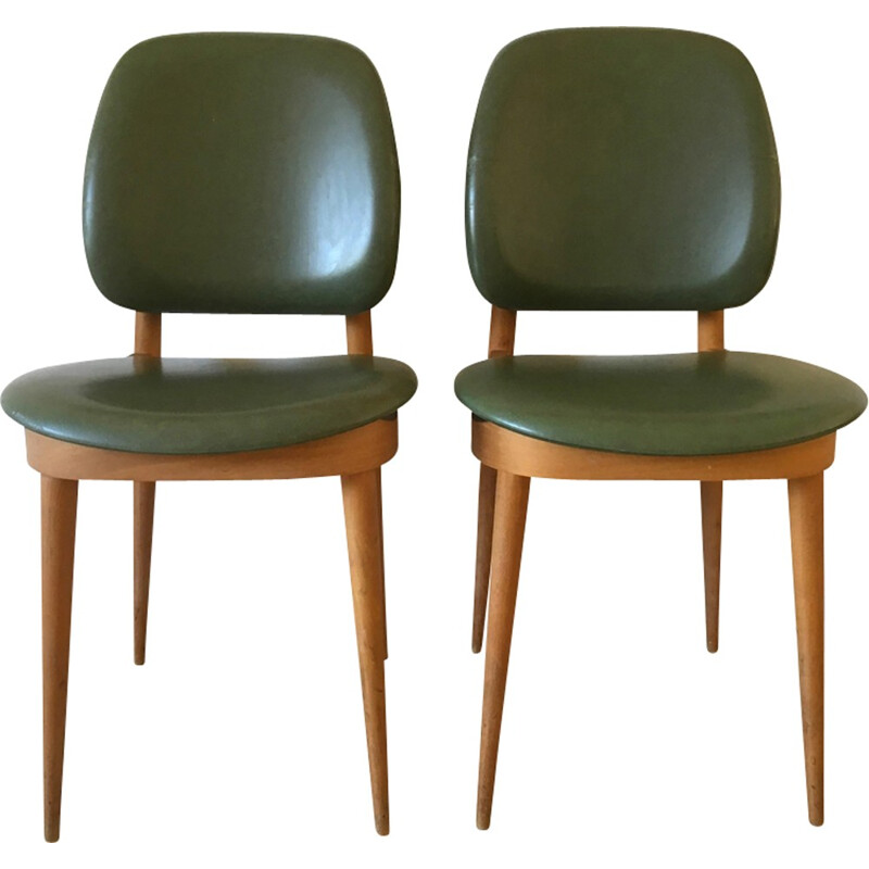 Vintage pair of green leatherette chairs - 1950s