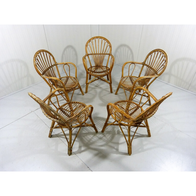 Suite de 5 chaises de jardin vintage en rotin - 1960