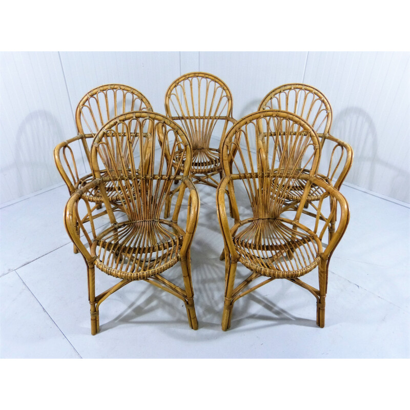 Set of 5 vintage Rattan garden chairs - 1960s
