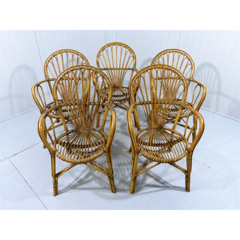 Suite de 5 chaises de jardin vintage en rotin - 1960