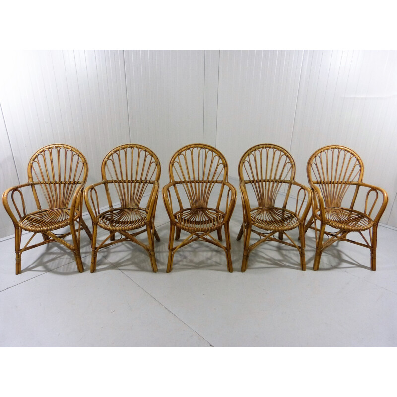 Suite de 5 chaises de jardin vintage en rotin - 1960