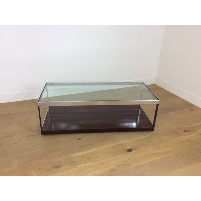 Vintage rosewood and glass long coffee table on castors - 1970s