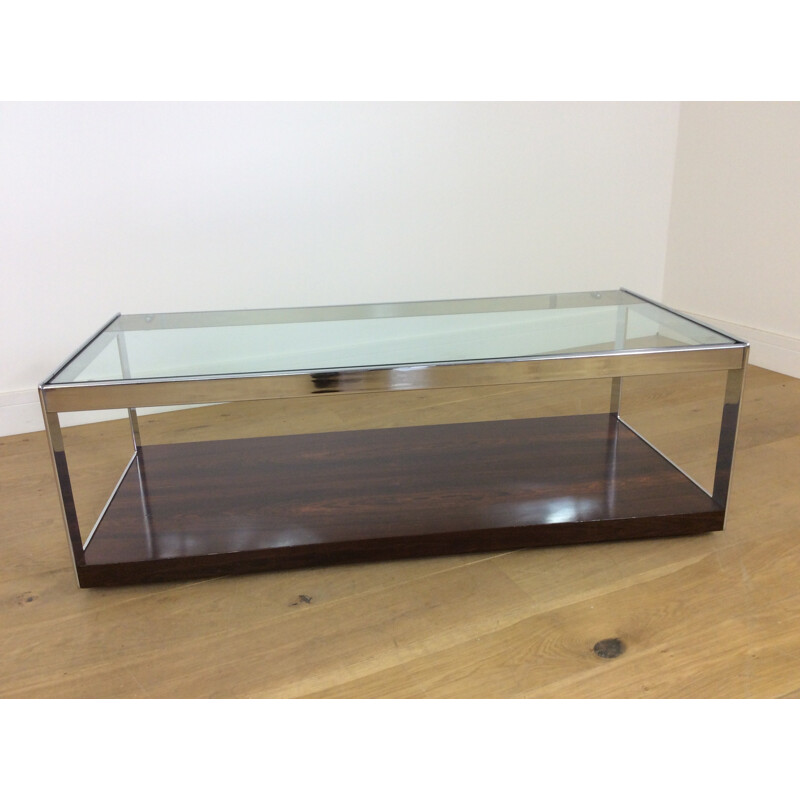 Vintage rosewood and glass long coffee table on castors - 1970s