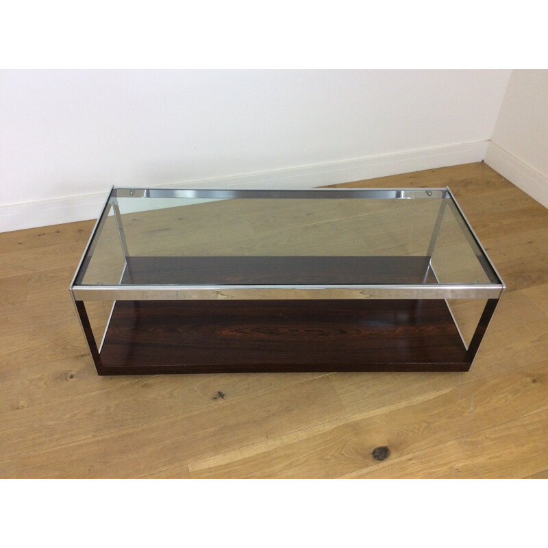 Vintage rosewood and glass long coffee table on castors - 1970s