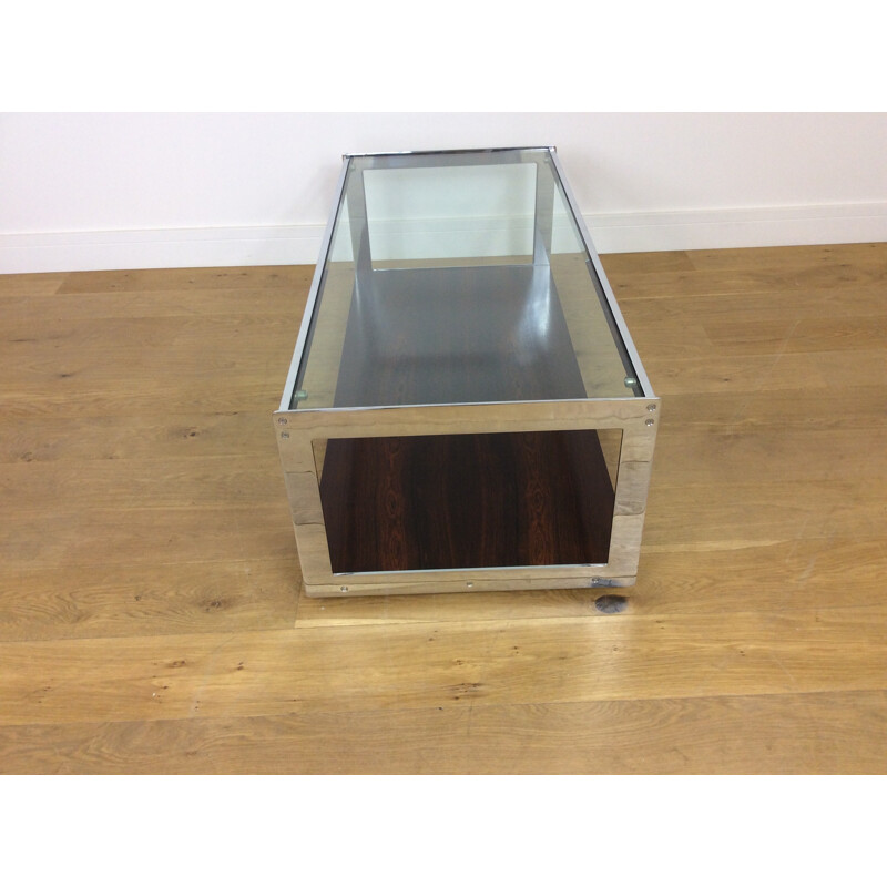 Vintage rosewood and glass long coffee table on castors - 1970s