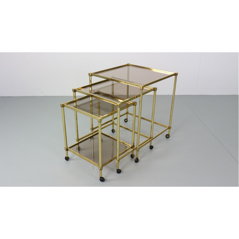 Set of 3 Midcentury French Brass Nesting Tables with Glass Top - 1950s