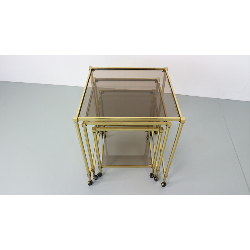 Set of 3 Midcentury French Brass Nesting Tables with Glass Top - 1950s