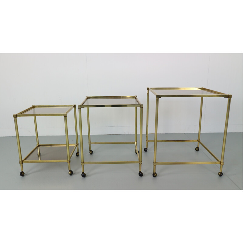 Set of 3 Midcentury French Brass Nesting Tables with Glass Top - 1950s