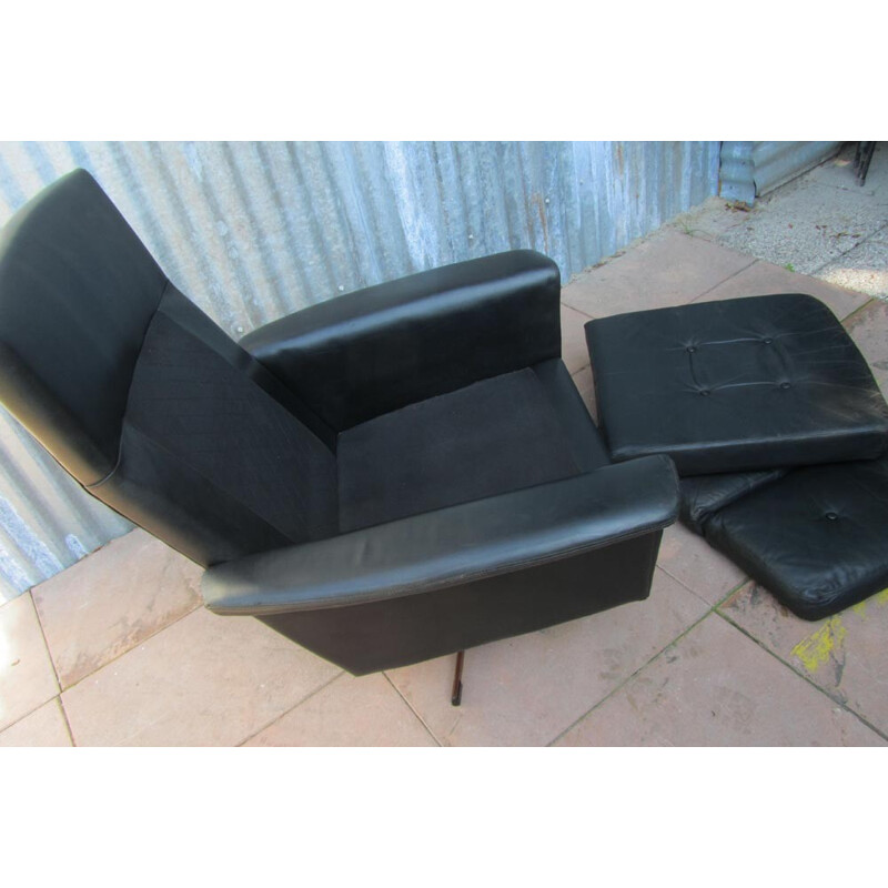 Swivel armchair in black leather, metal and wood - 1960s