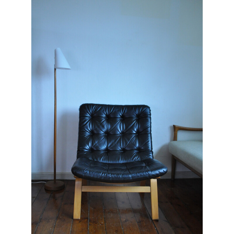 Fauteuil lounge vintage en cuir noir danois - 1970