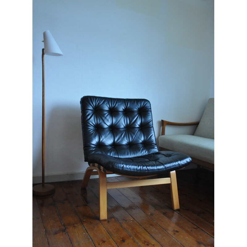 Fauteuil lounge vintage en cuir noir danois - 1970