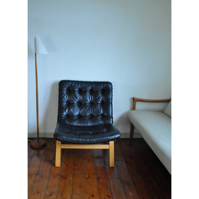 Fauteuil lounge vintage en cuir noir danois - 1970
