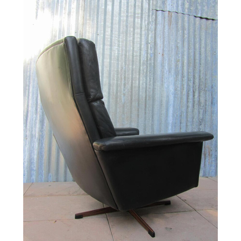 Swivel armchair in black leather, metal and wood - 1960s