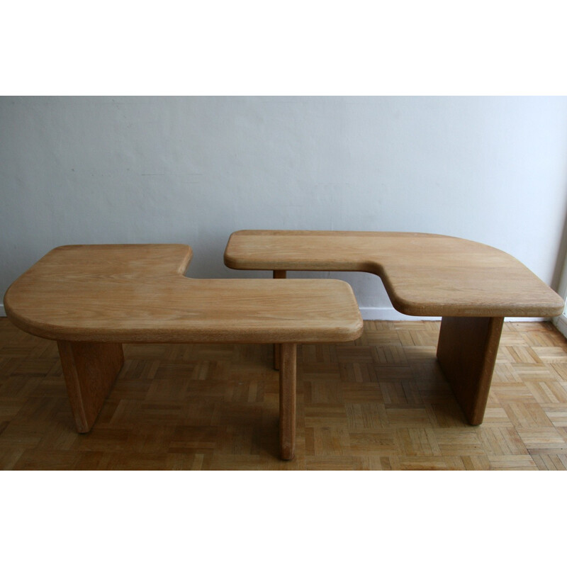 Duo of 2 vintage coffee tables in solid elm - 1970s