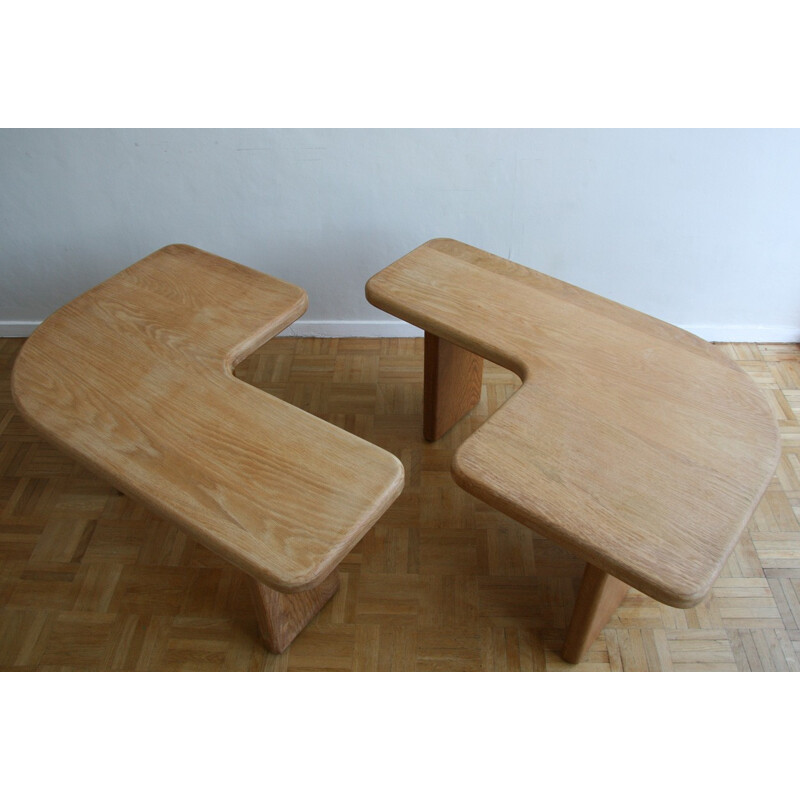 Duo of 2 vintage coffee tables in solid elm - 1970s