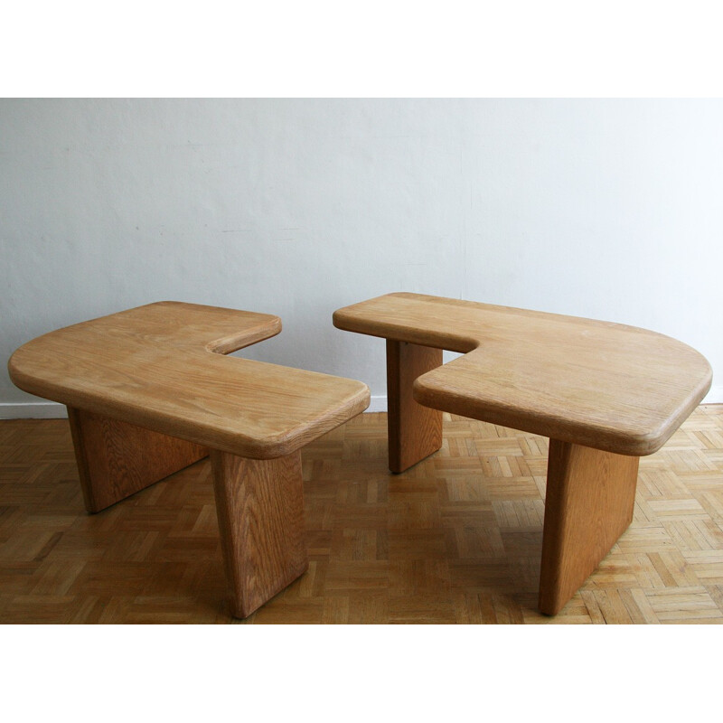 Duo of 2 vintage coffee tables in solid elm - 1970s