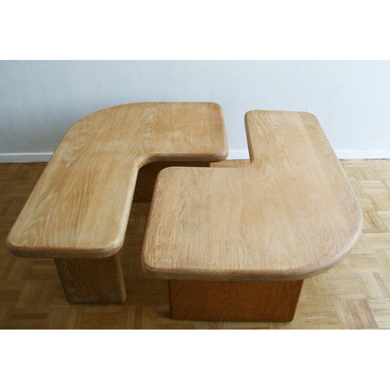 Duo of 2 vintage coffee tables in solid elm - 1970s