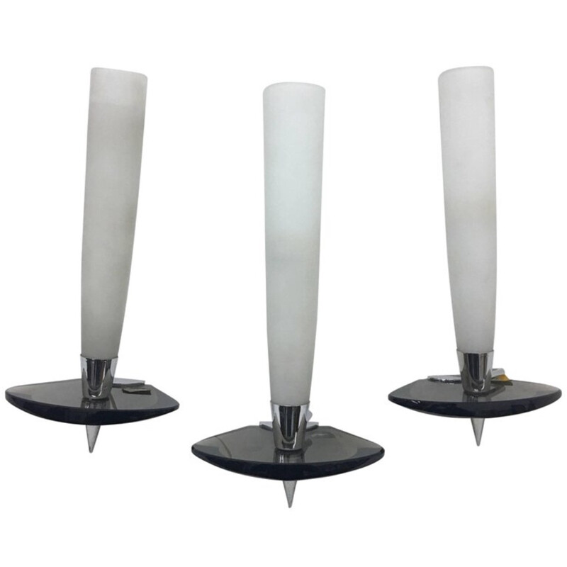 Set of 3 Vintage Italian Wall Sconces in glass and steel - 1970s