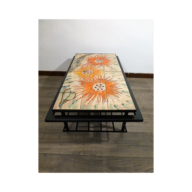 Vintage black coffee table in metal and ceramic - 1970s