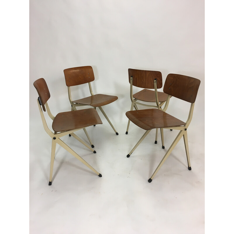 Set of 4 Industrial chairs in Steel & Wood by Marko - 1960s