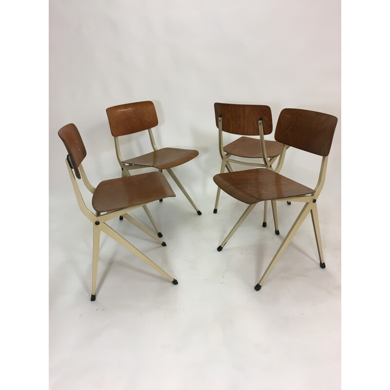 Set of 4 Industrial chairs in Steel & Wood by Marko - 1960s